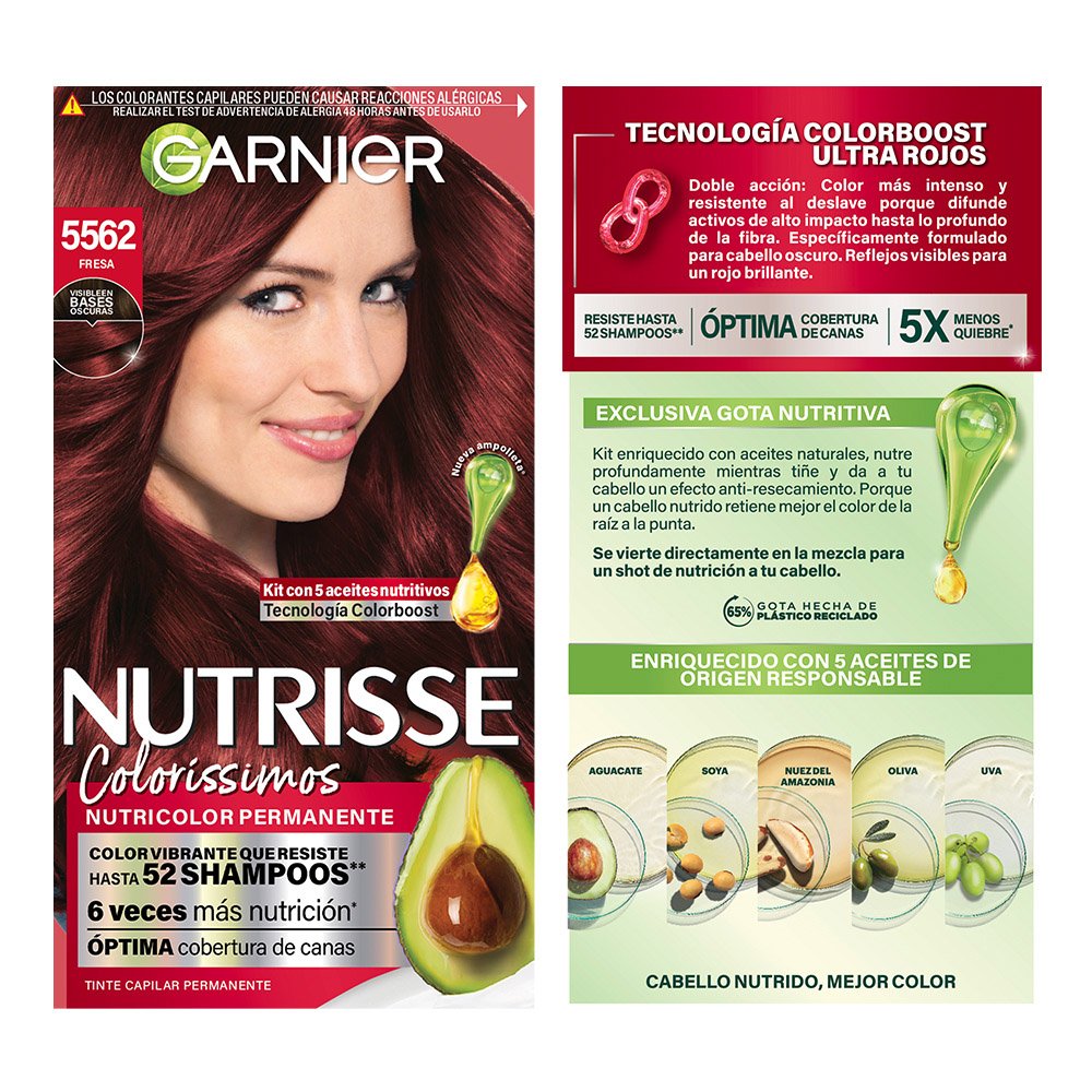 GARNIER NUTRISSE, NUTRISSE, NUTRISSE COLORÍSSIMOS, COLORACIÓN DE CABELLO, TINTE DE CABELLO, COLOR INTENSO, COLORACIÓN, FÓRMULA VEGANA, CRUELTY FREE, TONO 5562, FRESA, TONOS ROJOS